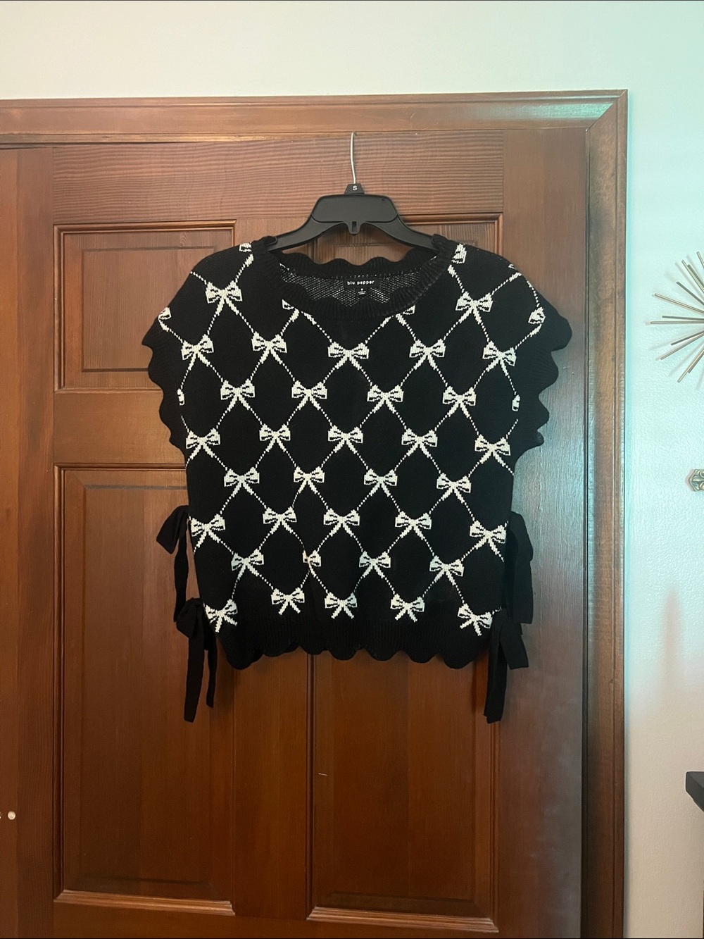 Blu Pepper Black Knit Top with White Bow Pattern